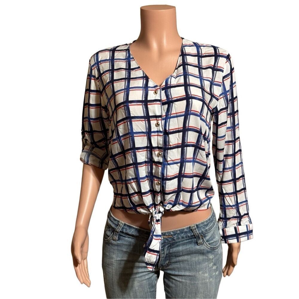 Lara Women multiple colors button down tie front convertible sleeves top  M